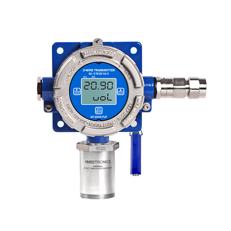 2 wire loop gas transmitter and gas leak detector, gas leak detection transmitter, gas detector monitoring system, oxygen gas detector, oxygen gas sensor, 2 wire loop gas transmitter
